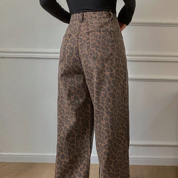 Coffee Brown Casual Women's Loose Leopard Print Cotton Pants - Picture 2 of 9